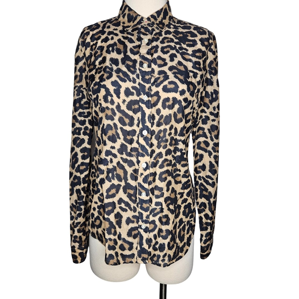 JCP Womens Leopard Print Button Down Shirt Silk Cotton‎ Blend Tan Black Small